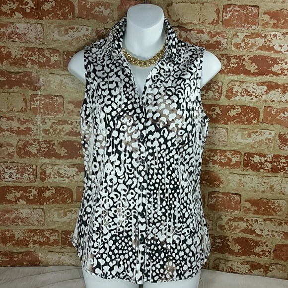 Tank top Dana Buchman black white Brown button Up collared Animal Print - Picture 1 of 5